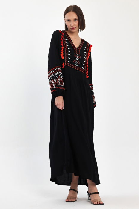 Rochie neagra Vale woman cu broderie portocalie