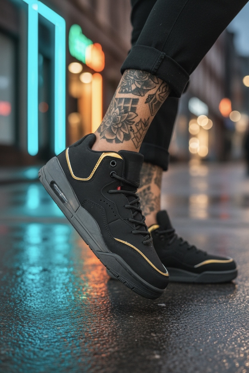 Adidasi Casual Barbati Negru cu Accente Auriu - imagine 2
