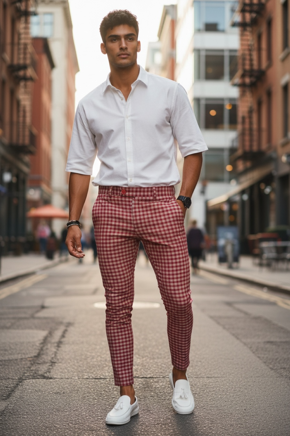 Pantaloni Eleganți Bărbați Rosii Carouri Bumbac - imagine 2
