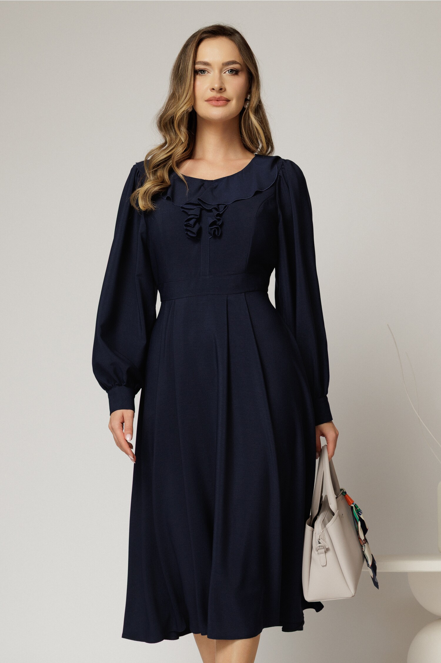 Rochie Midi Bleumarin Voal cu Volanase și Clos
