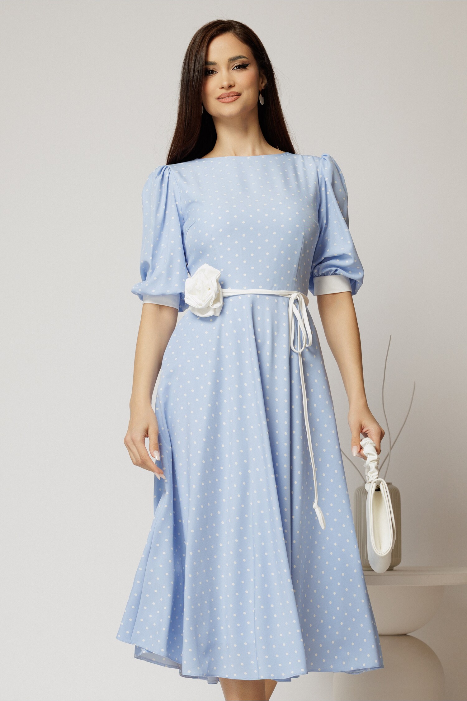 Rochie Midi Bleu cu Buline și Cordon Detasabil