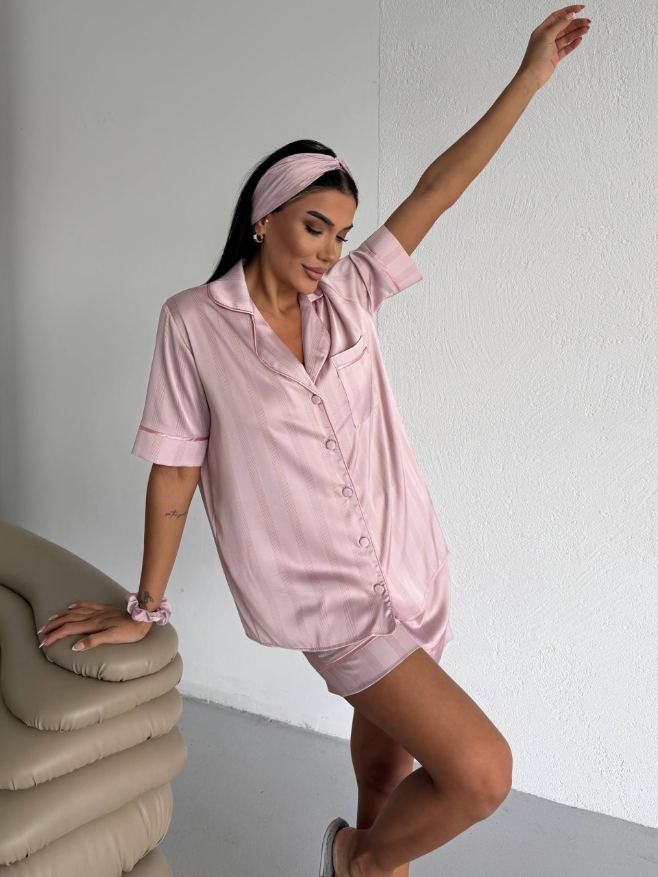 Pijama 2 piese Delis Satin Roz Pudrat - imagine 2