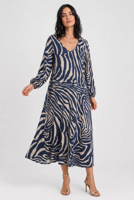 Rochie lunga din vascoza mata cu imprimeu zebra, albastru-bej