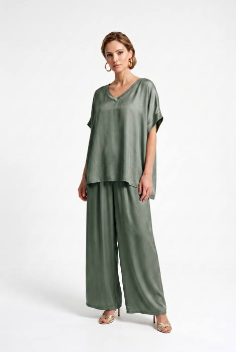 Pantaloni palazzo fluizi din matase si vascoza satinata, kaki