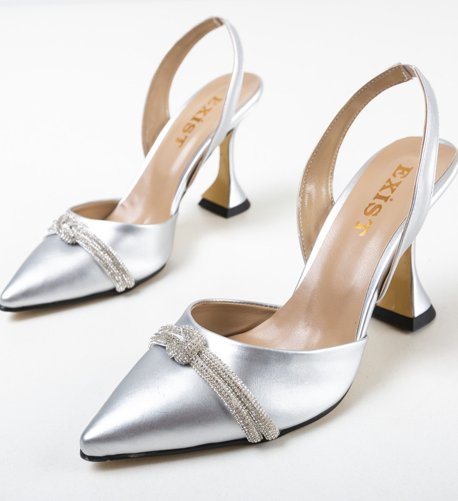 Pantofi Quar Argintii Eleganți cu Toc - imagine 7