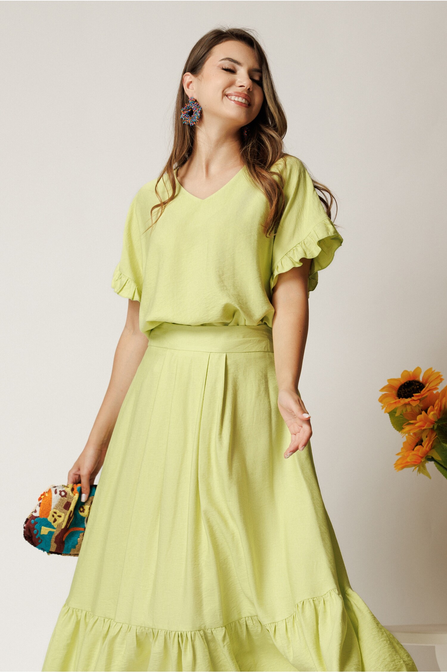 Bluza Verde Rayon cu Volane | Eleganta si Confort