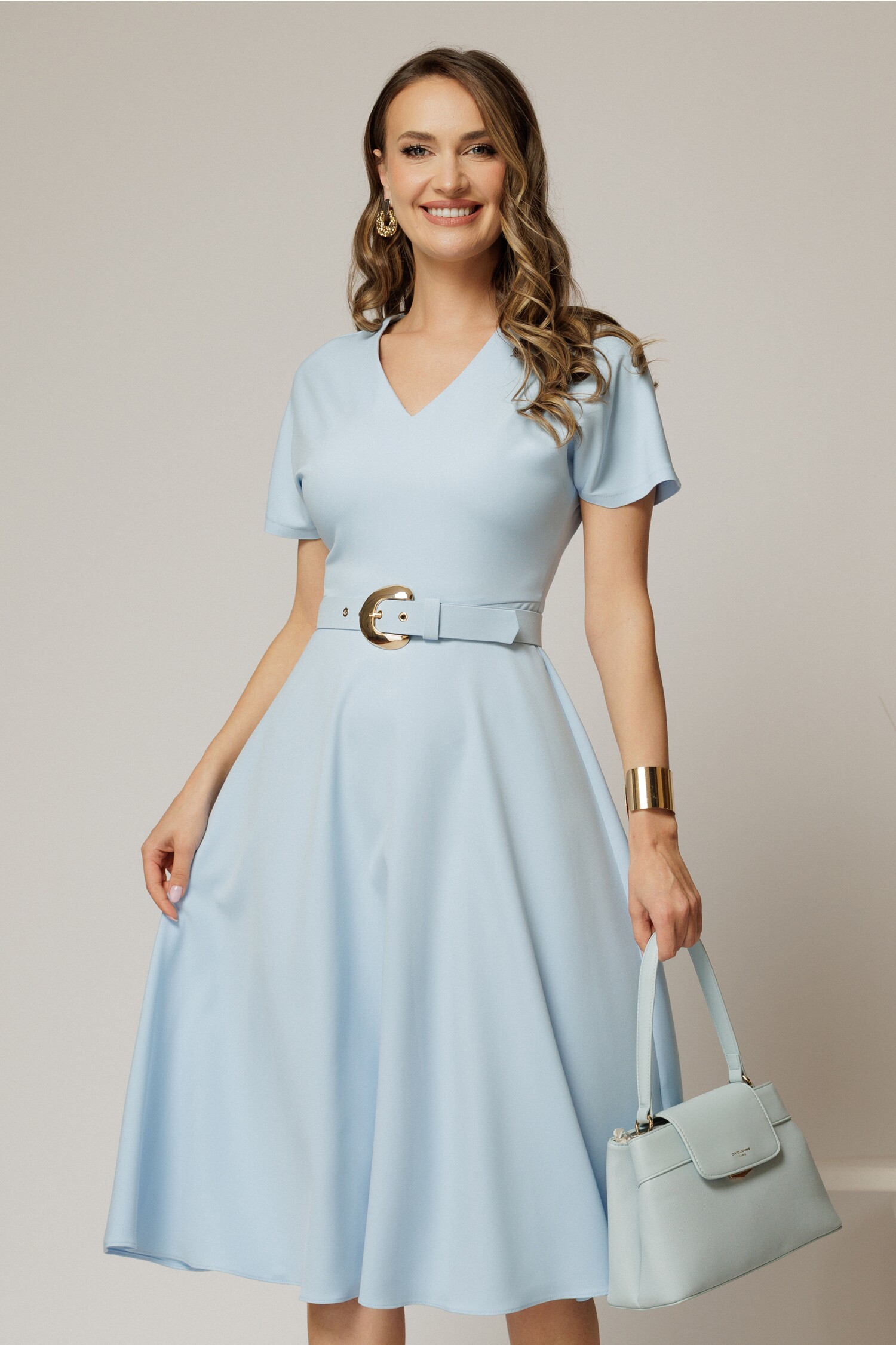 Rochie DY Fashion Bleu Midi cu Curea și Decolteu V