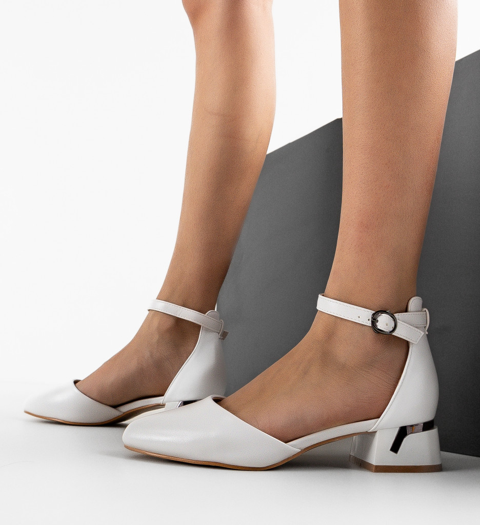 Pantofi Zahra Albi Eleganți cu Toc - imagine 2
