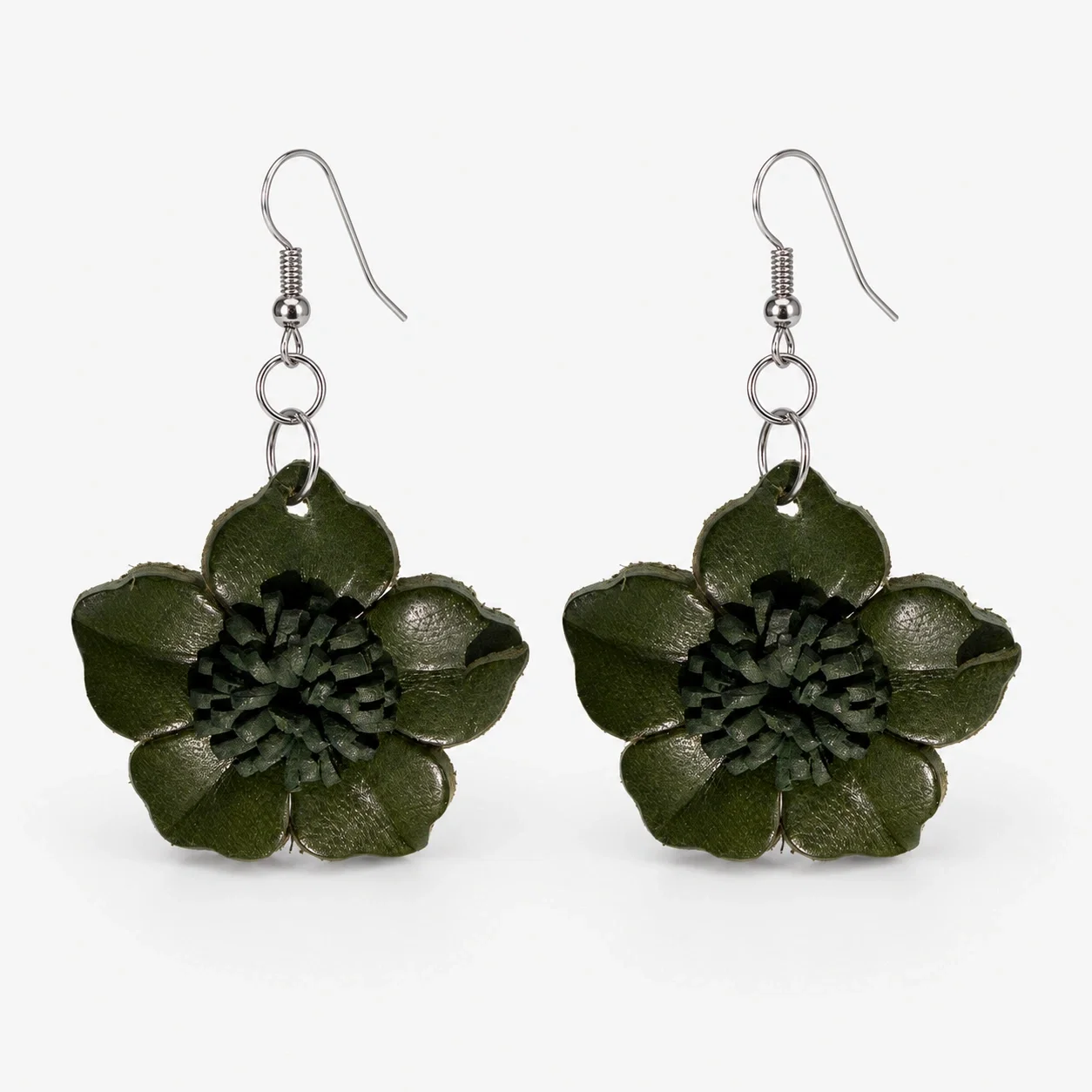 Cercei dama din piele naturala cu floare tridimensionala Verde Inchis