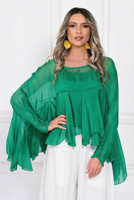 Bluza din matase naturala si vascoza cu volane tip cascada, croi lejer, verde smarald
