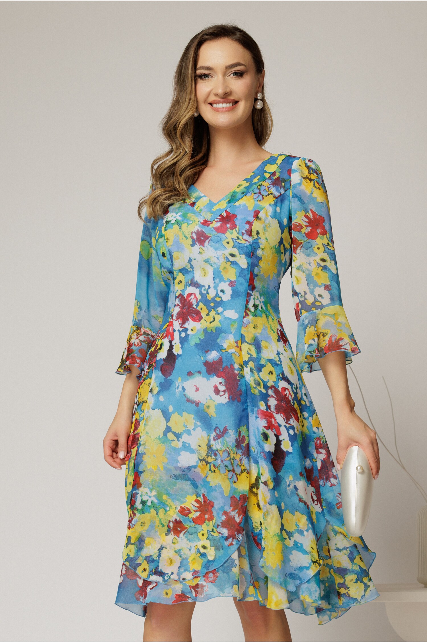 Rochie Midi Bleu Voal cu Decolteu în V și Croi Lejer