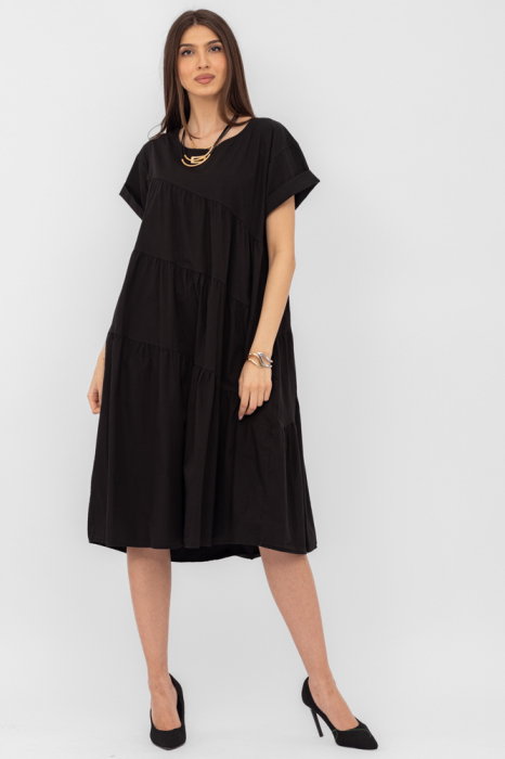 Rochie din poplin satinat cu volane oblice, neagra