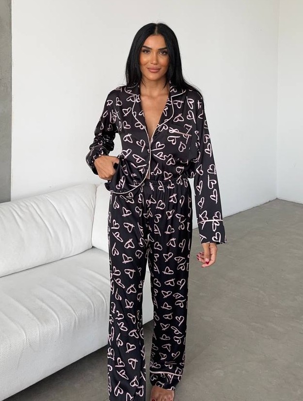 Set Pijama Delis Nasturi Satin Mat Negru - imagine 5