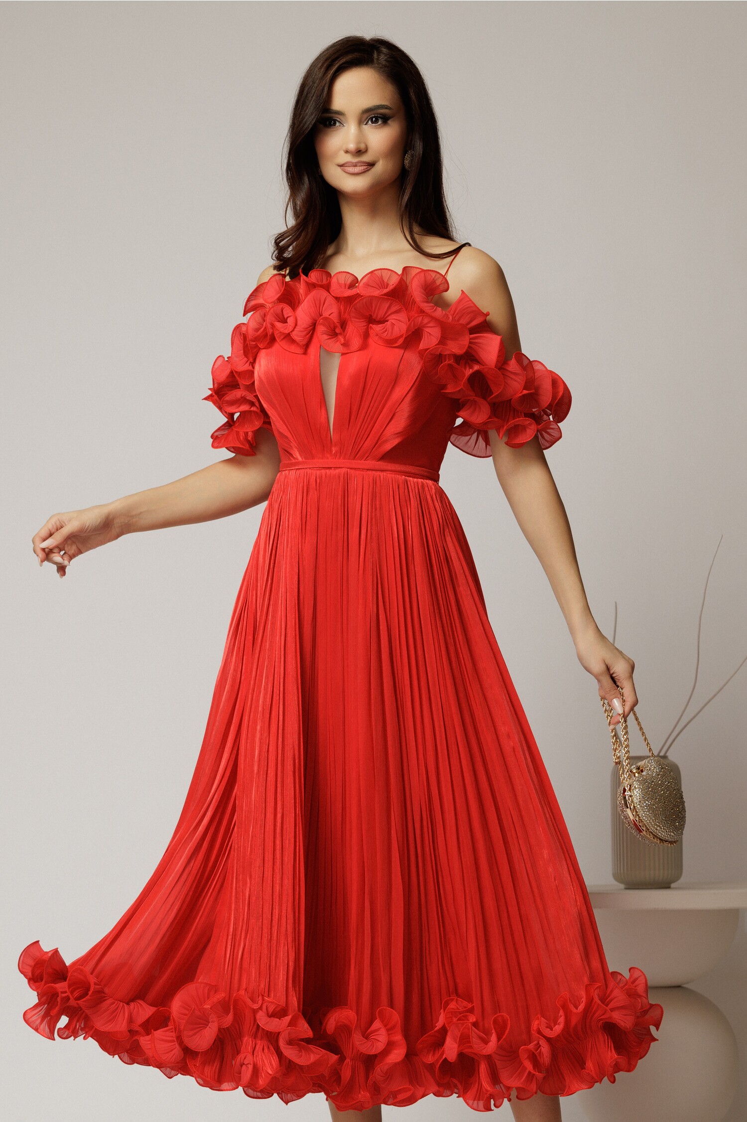 Rochie Midi Rosie Voal Satinat cu Volanase si Corset