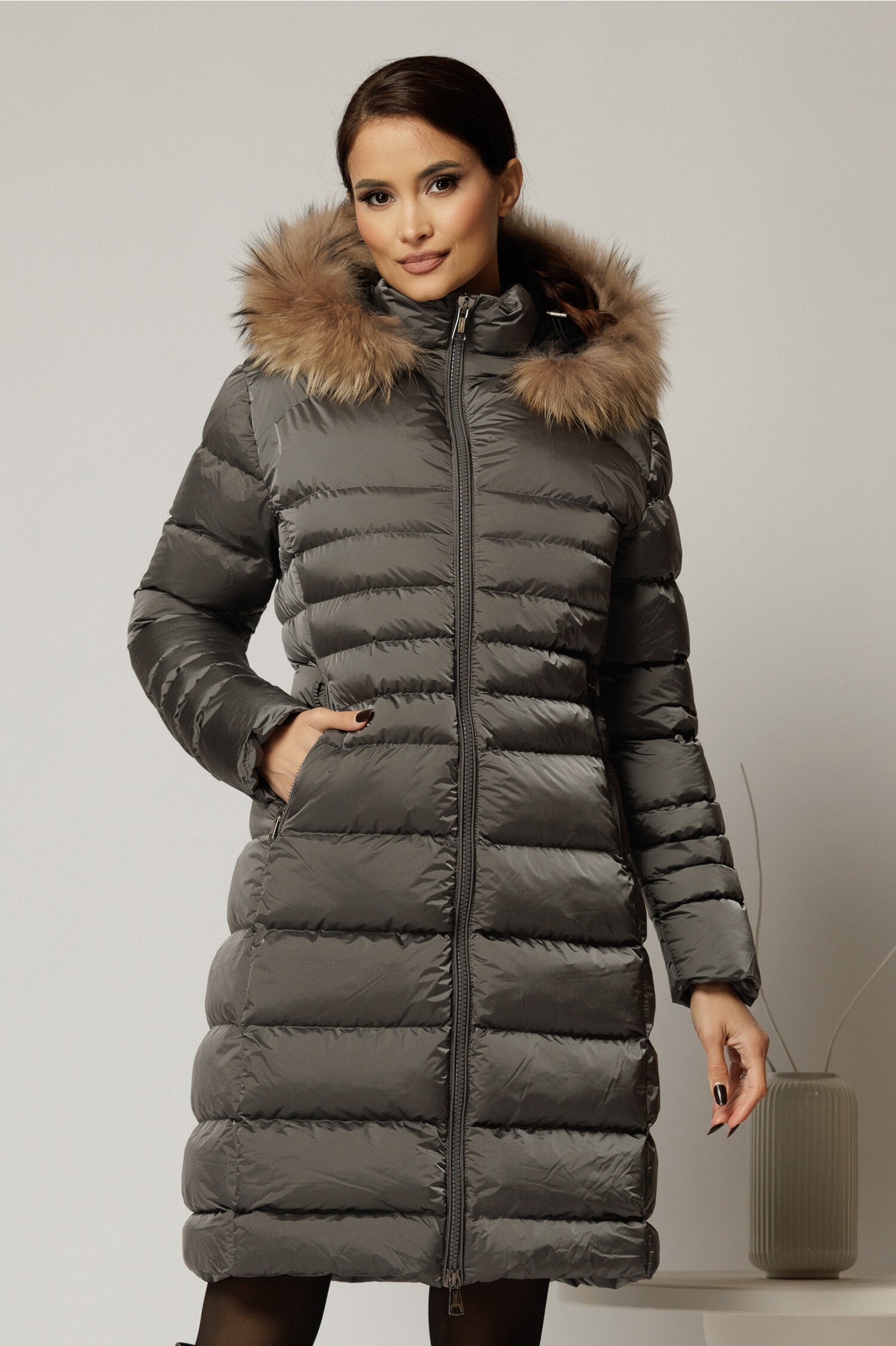 Geaca Dama Midi Gri cu Gluga Detasabila