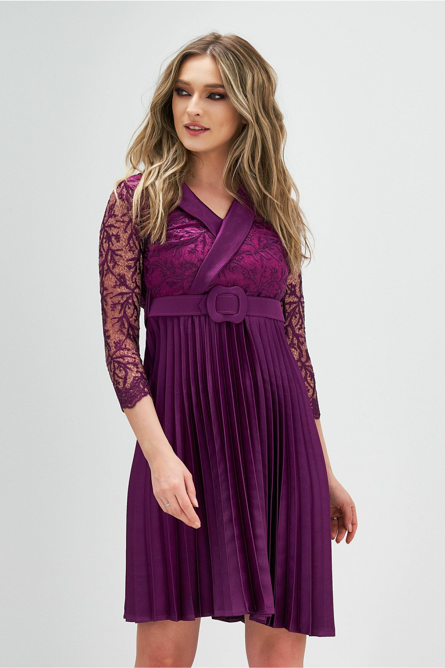 Rochie Miriam Eleganta cu Broderie si Satin Plisat