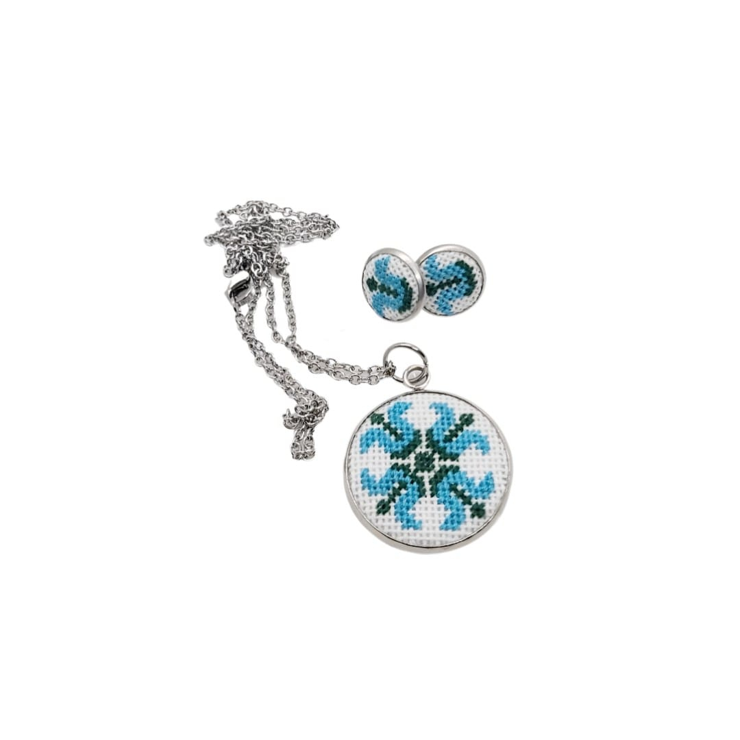 Set bijuterii inox broderie traditionala model   crin   Albastru deschis