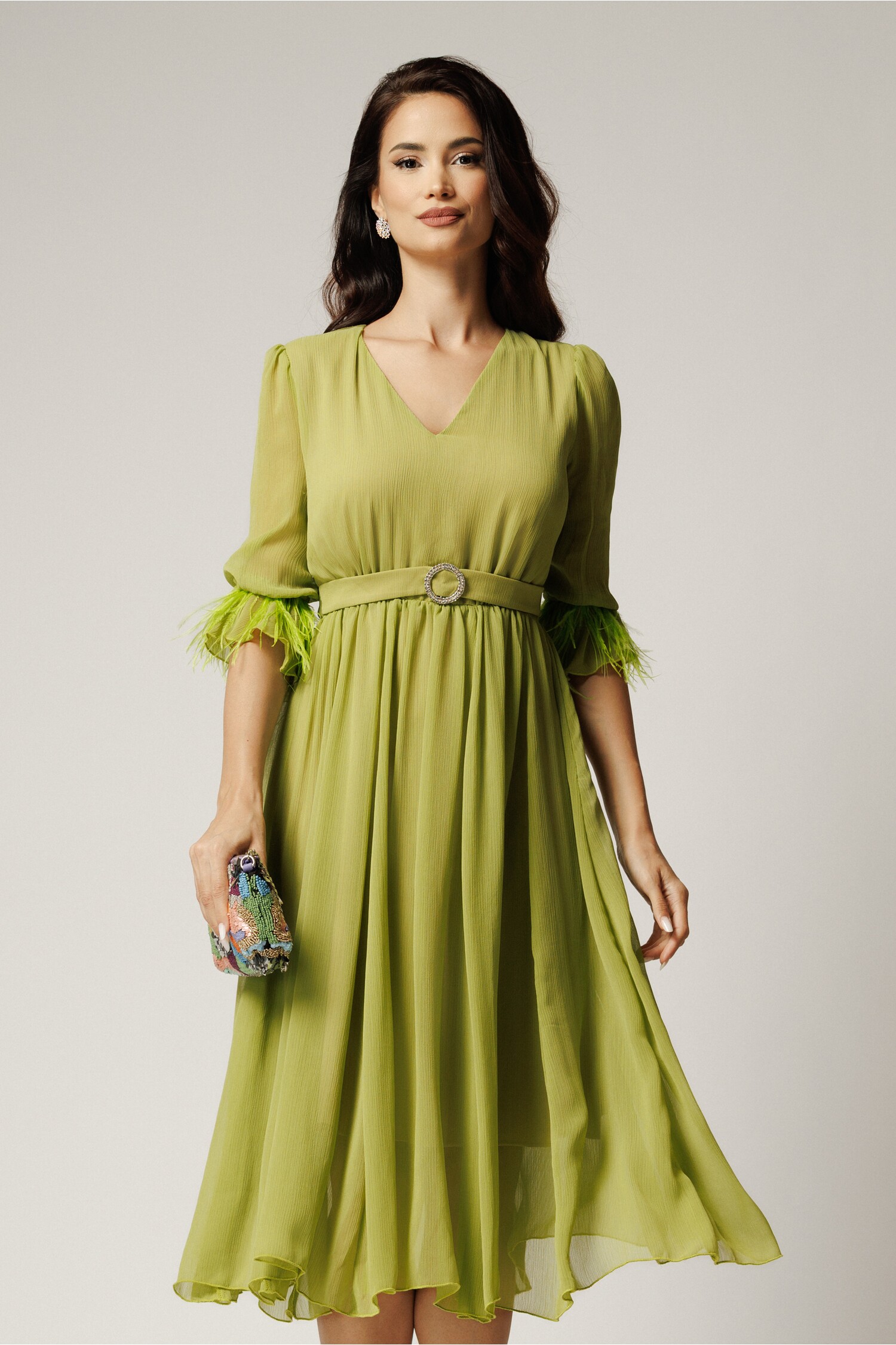 Rochie DY Fashion Midi Verde Lime cu Pene și Clos