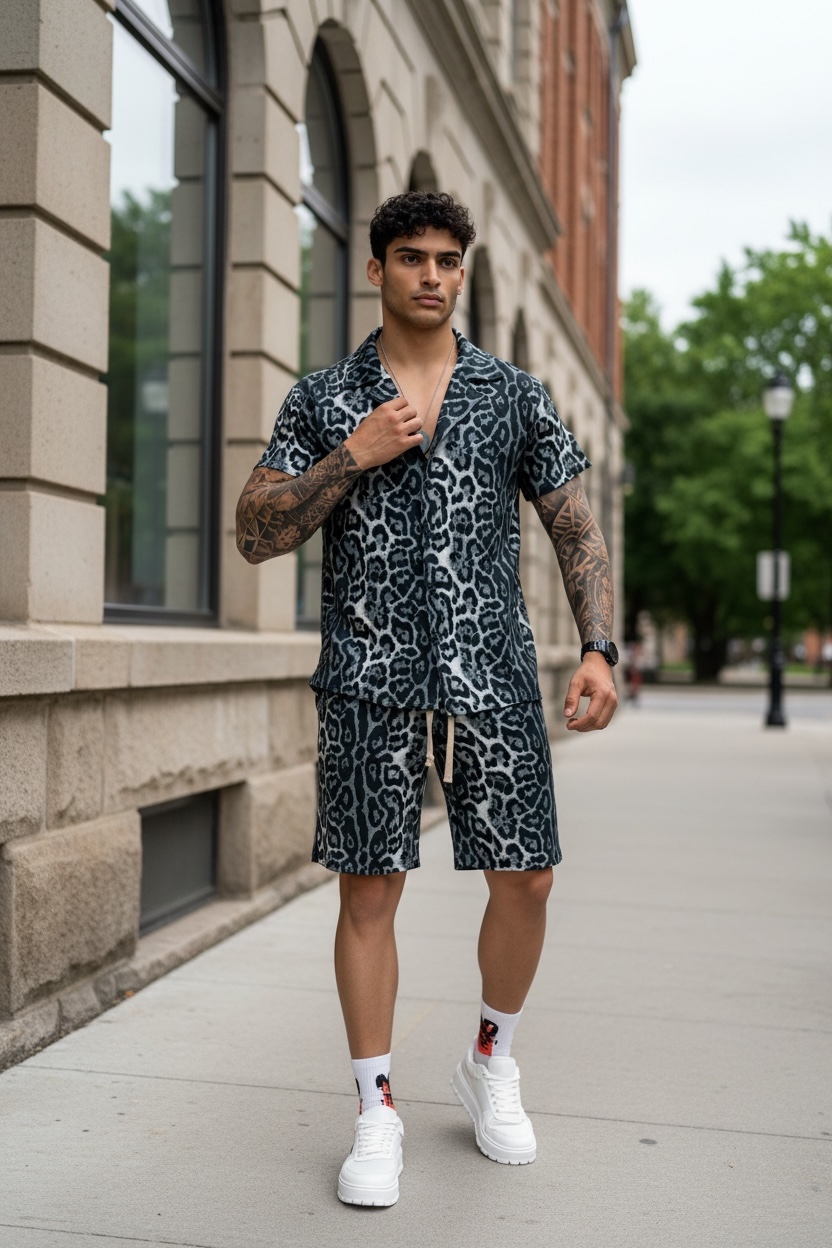 Compleu Barbati Slim Fit Animal Print Gri