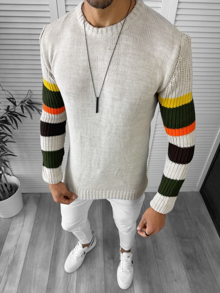 Pulover Barbati Slim Fit Bej Elegant