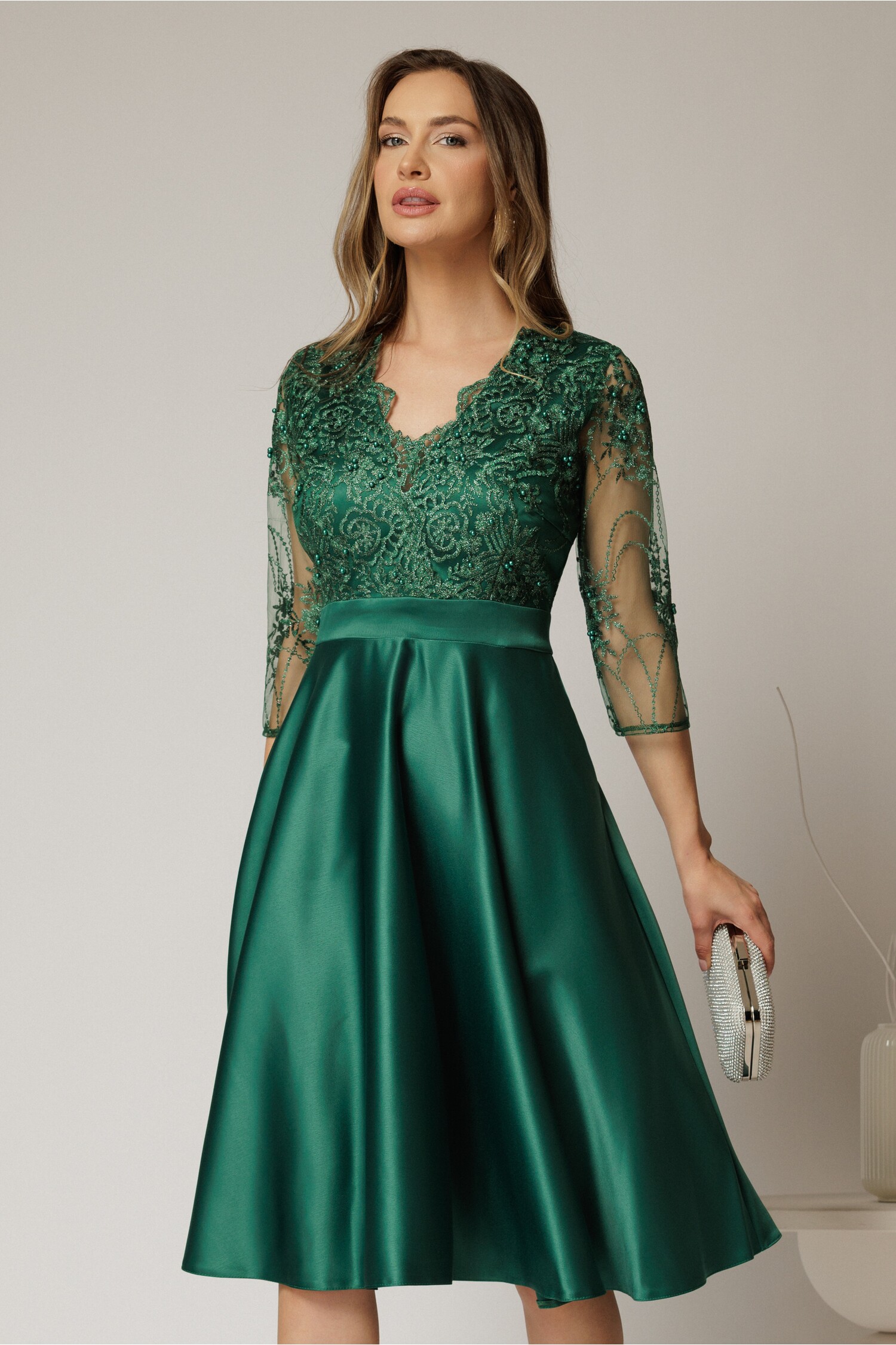 Rochie Inna Midi Verde Taftă cu Dantelă