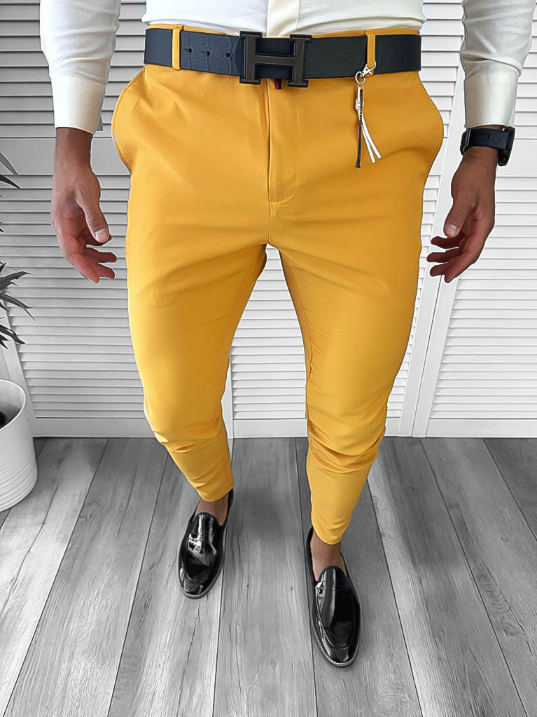 Pantaloni Barbati Mustar Eleganti cu Croiala Conica