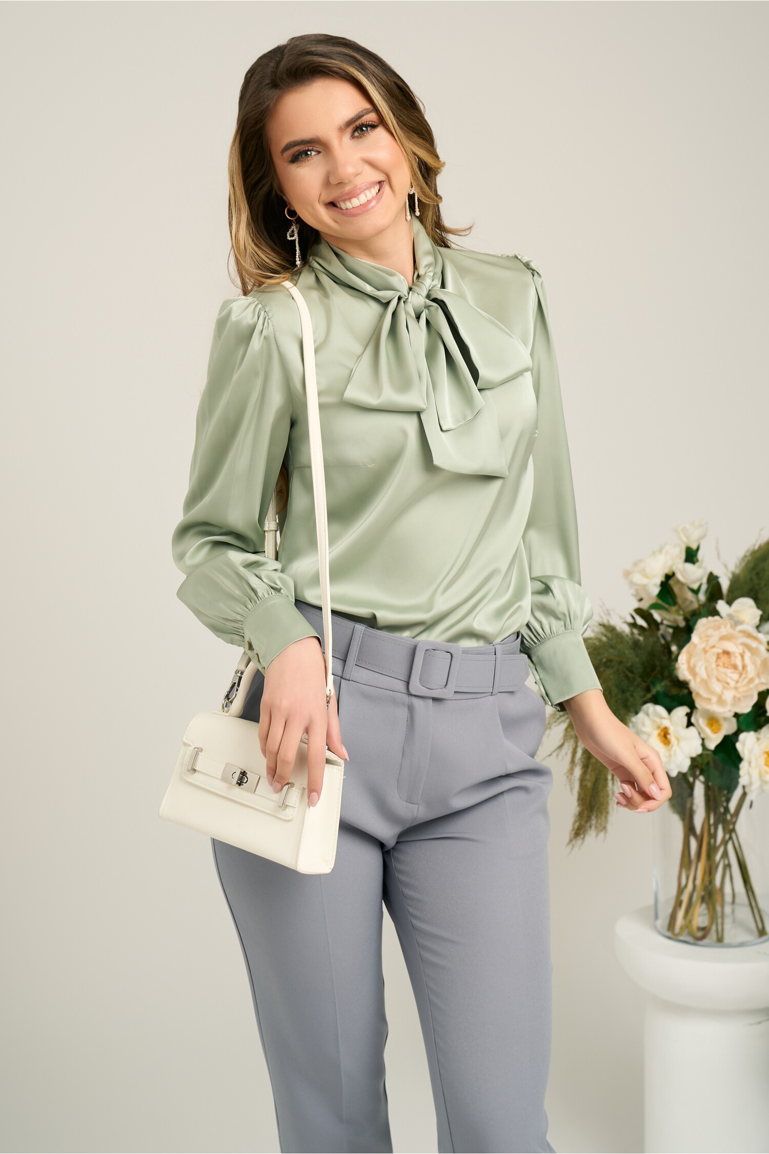 Camasa DY Fashion Eleganta Satin Verde Mint