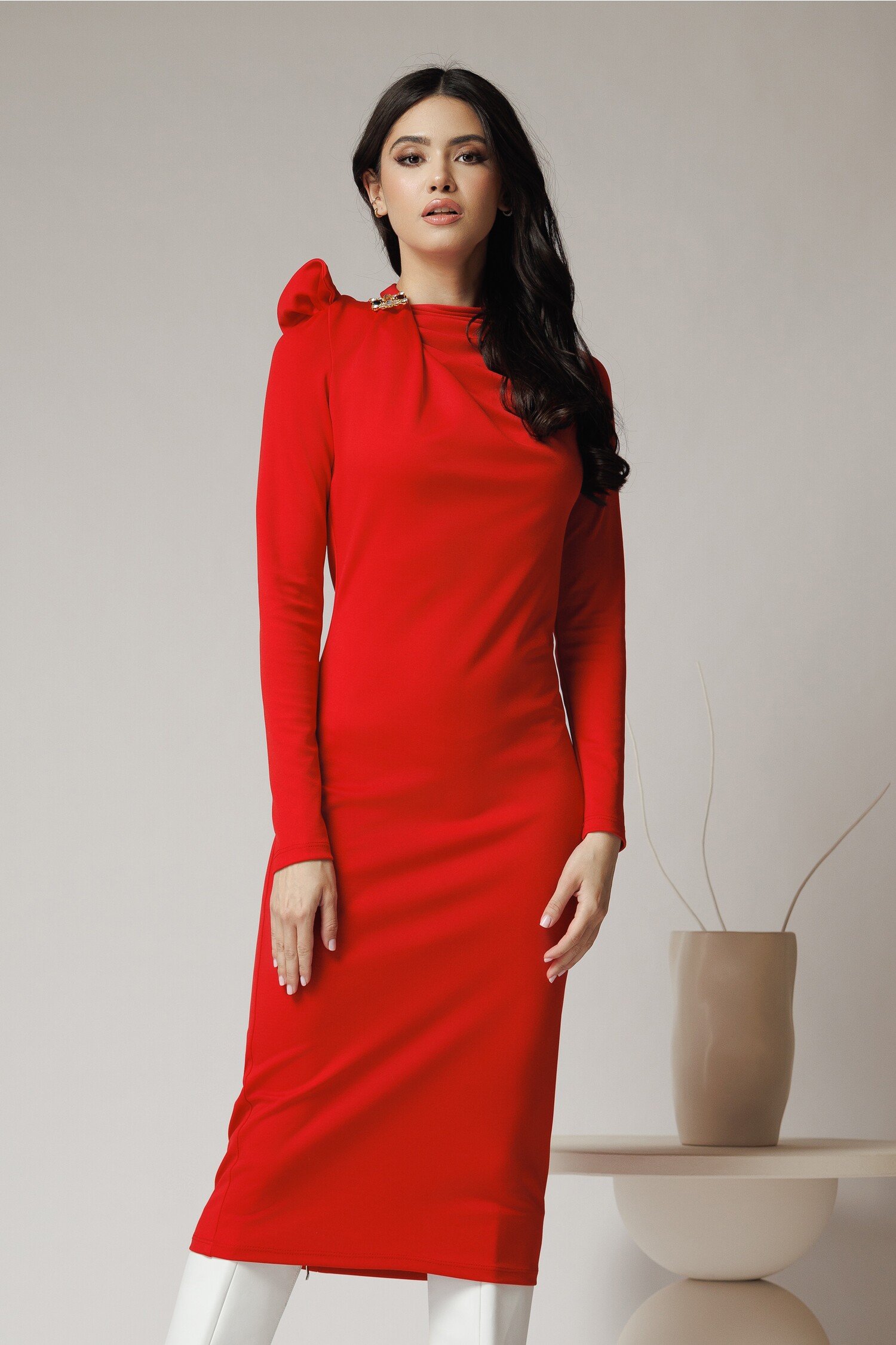 Rochie Eleganta Rosie cu Brosa | Stofa Premium