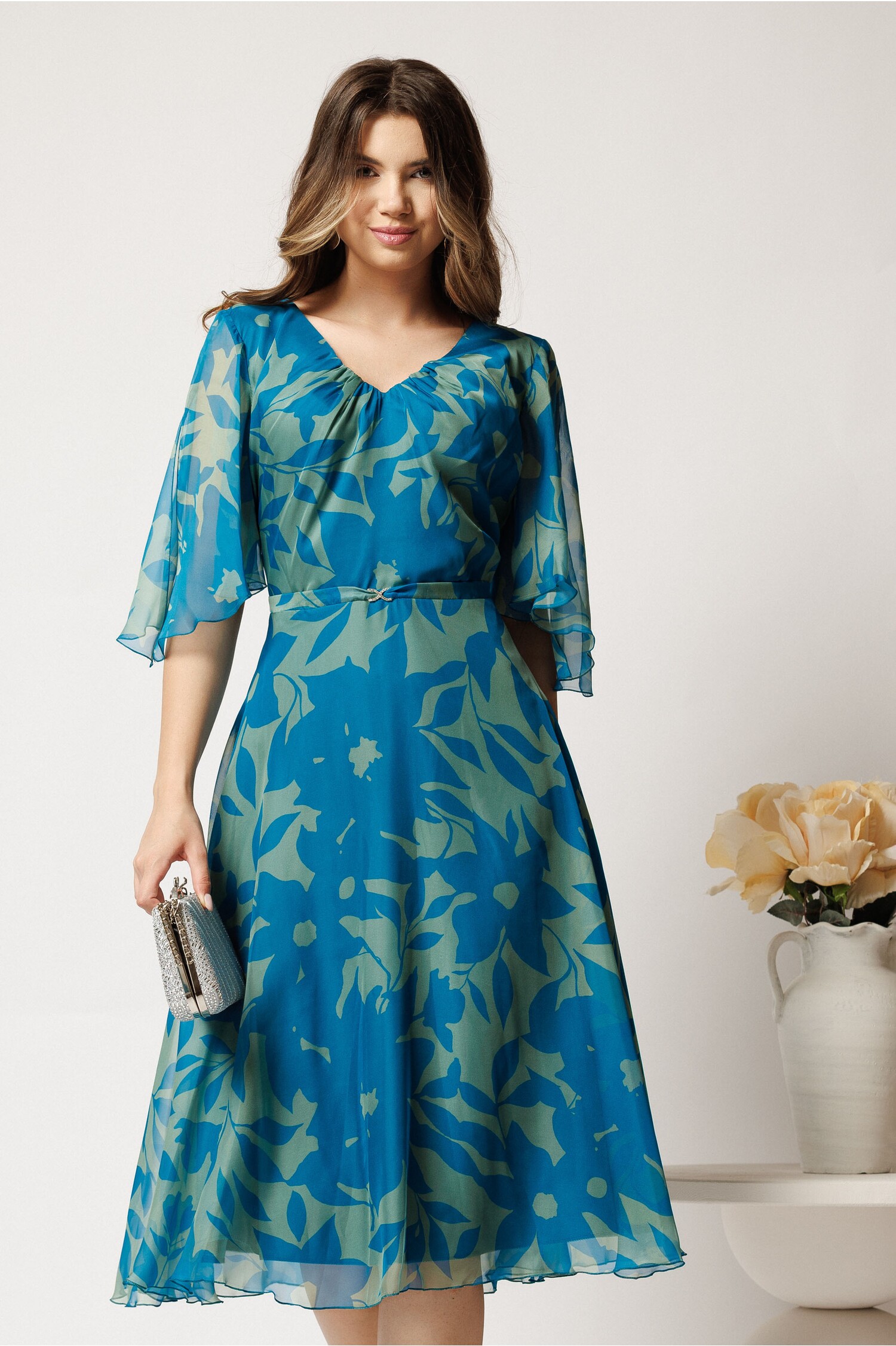Rochie Midi Verde Viada Imprimeu Turcoaz
