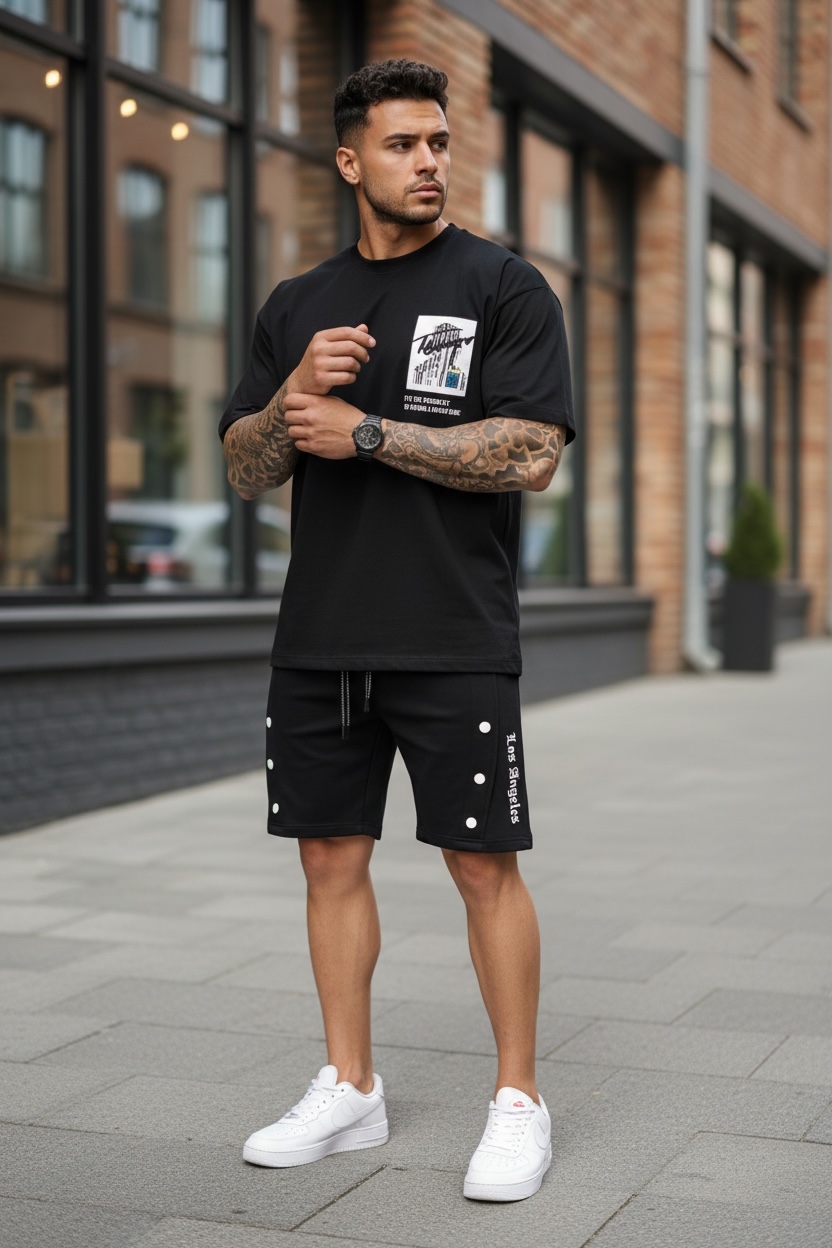 Compleu Vară Tricou & Pantaloni Imprimeu Negru
