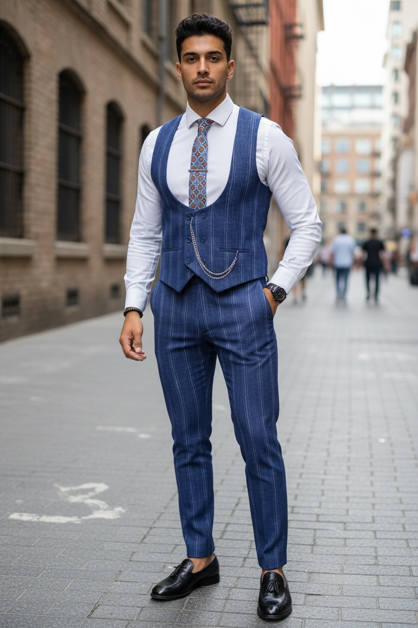 Compleu Barbati Vesta + Pantaloni Bleumarin Elegan - imagine 3