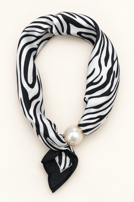 Esarfa colier satinata cu perla decorativa si inchidere magnetica, imprimeu animal print - zebra alb-negru