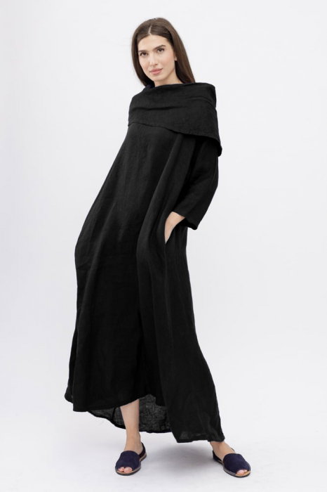 Rochie maxi,  A-line, din in, cu guler amplu, negru
