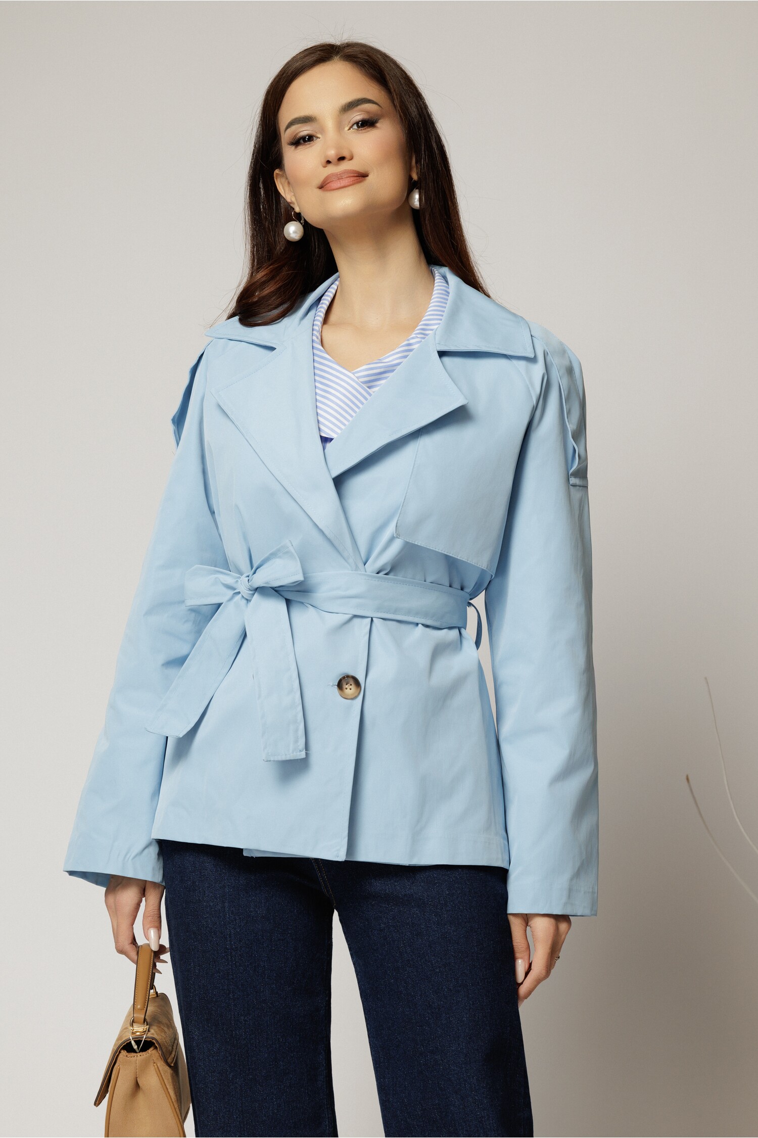 Trench Scurt Bleu Casual cu Cordon în Talie