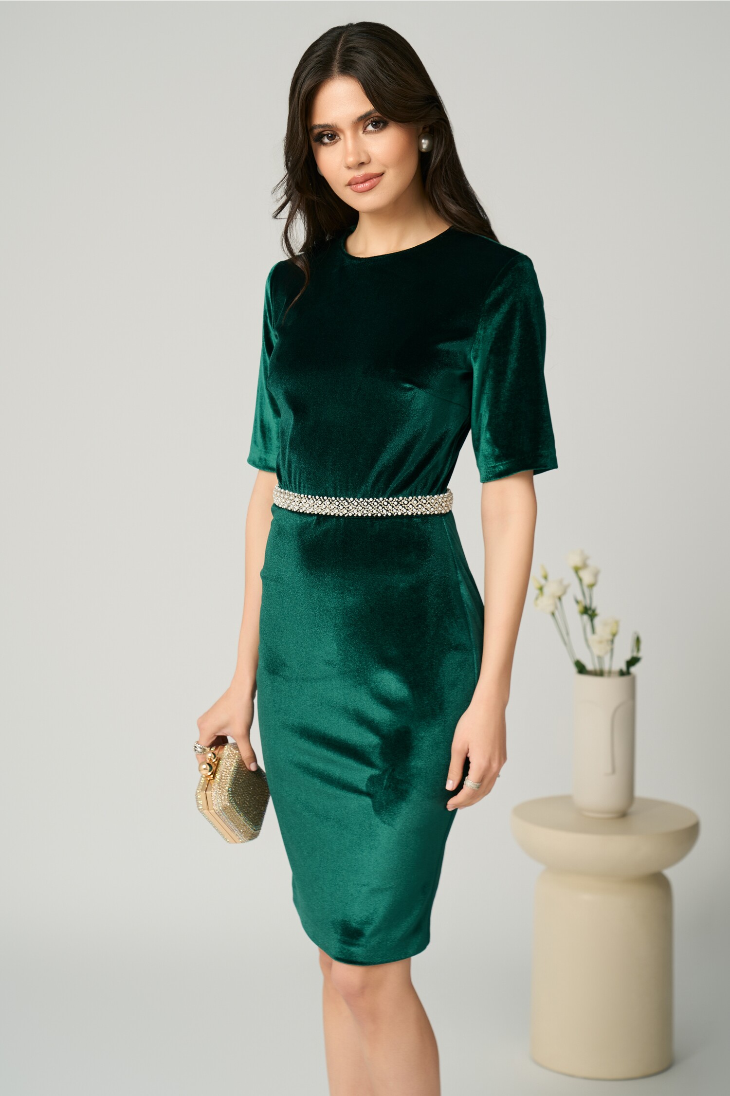 Rochie Catifea Verde Eleganta | DY Fashion