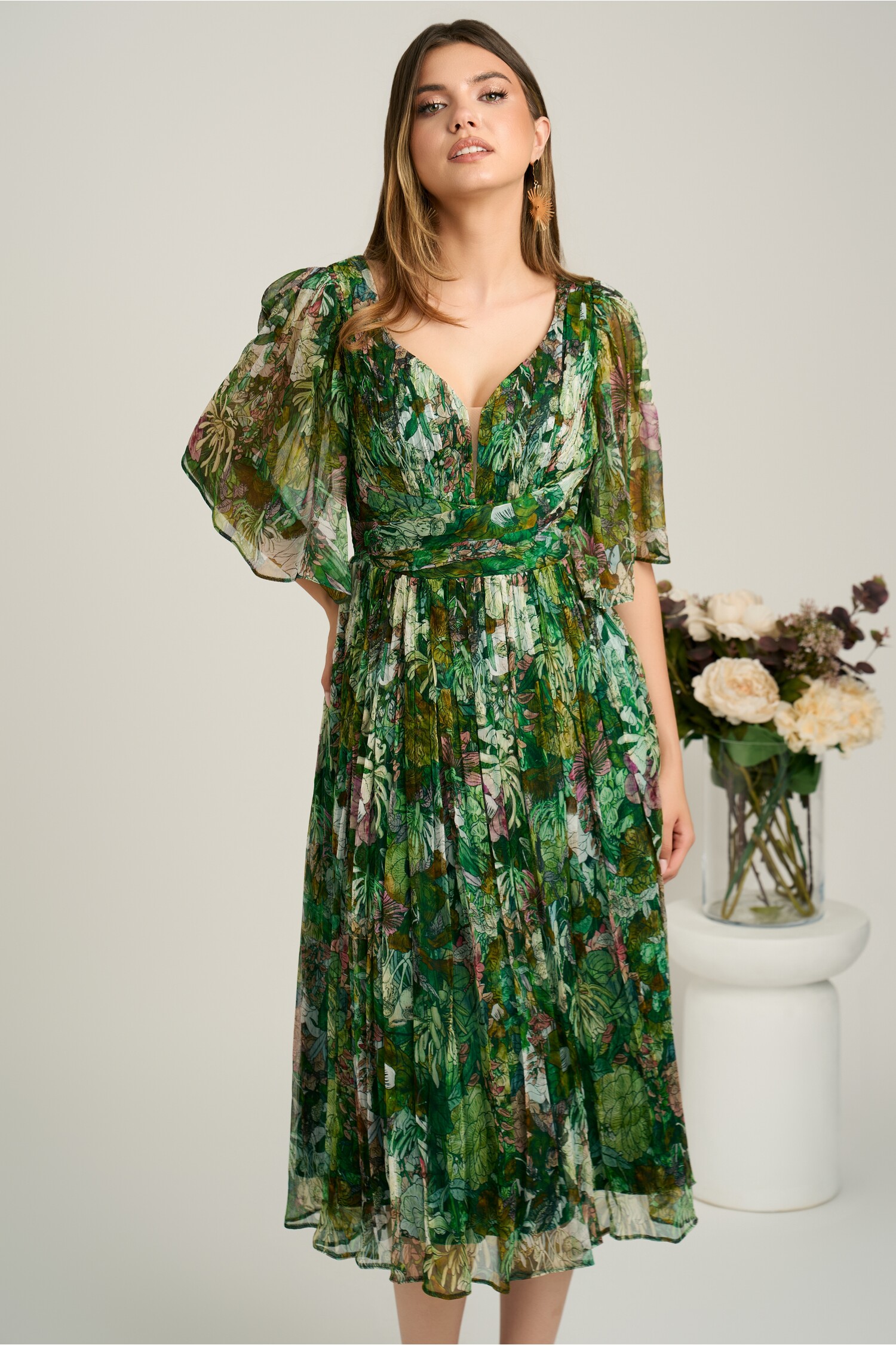 Rochie Verde Mătase cu Imprimeu Floral | Viada