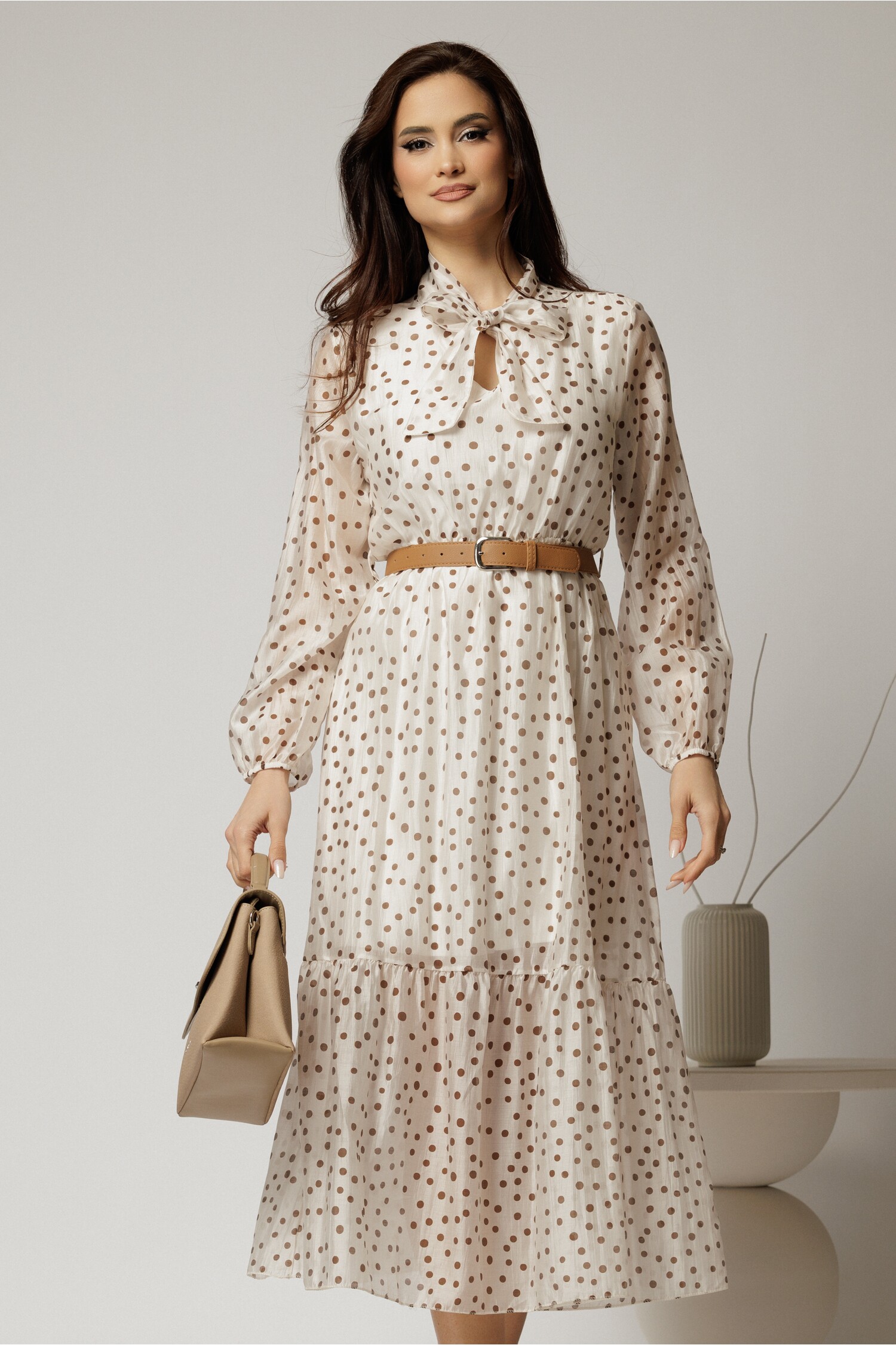Rochie Midi Tencel cu Bule și Fundă | Eleganță Vară