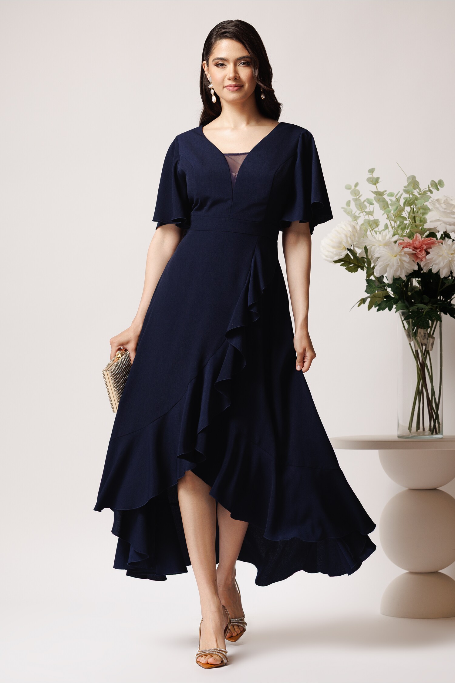 Rochie Lunga Eleganta Bleumarin cu Volan