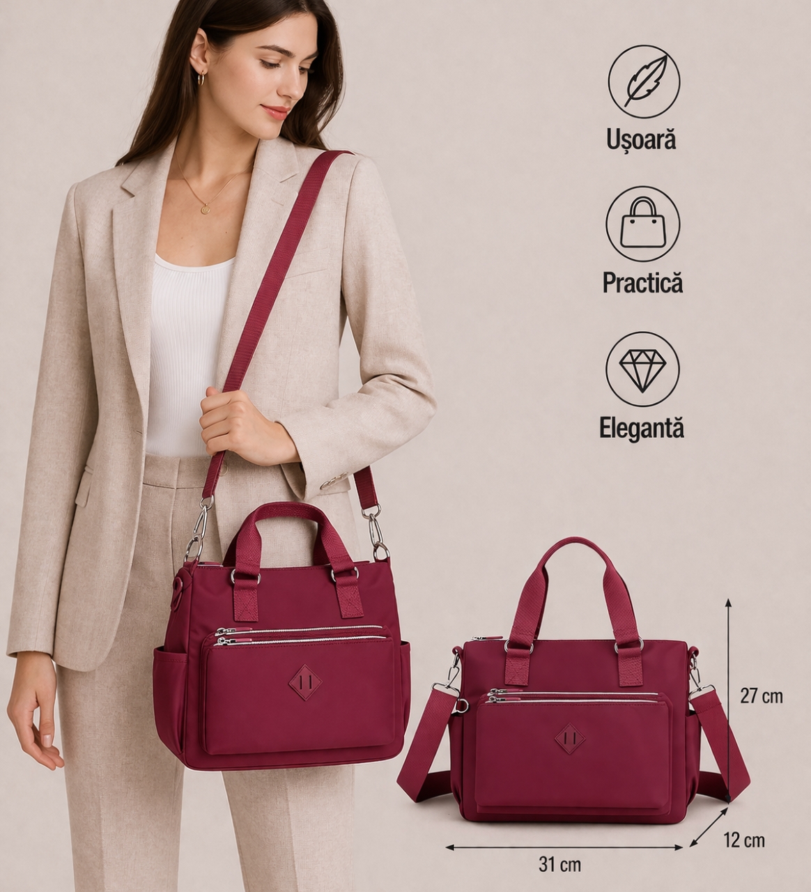 Geanta Dama Delis Harmony GT2131 Bordo Impermeabila - imagine 2