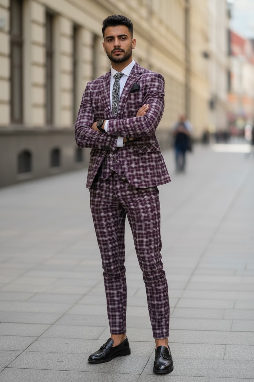 Costum Barbati Elegant Slim Fit in Carouri Grena - imagine 2