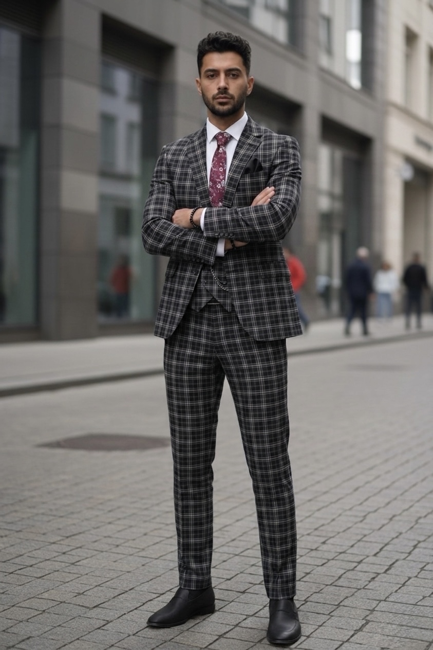Costum Barbati Slim Fit Negru Carouri B7916 - imagine 2