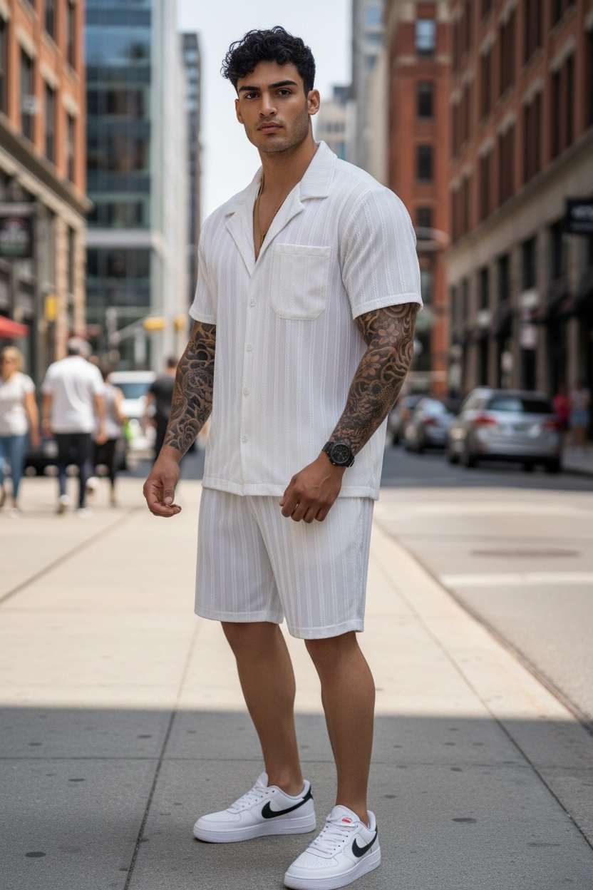 Compleu Vară Camasă și Pantaloni Alb