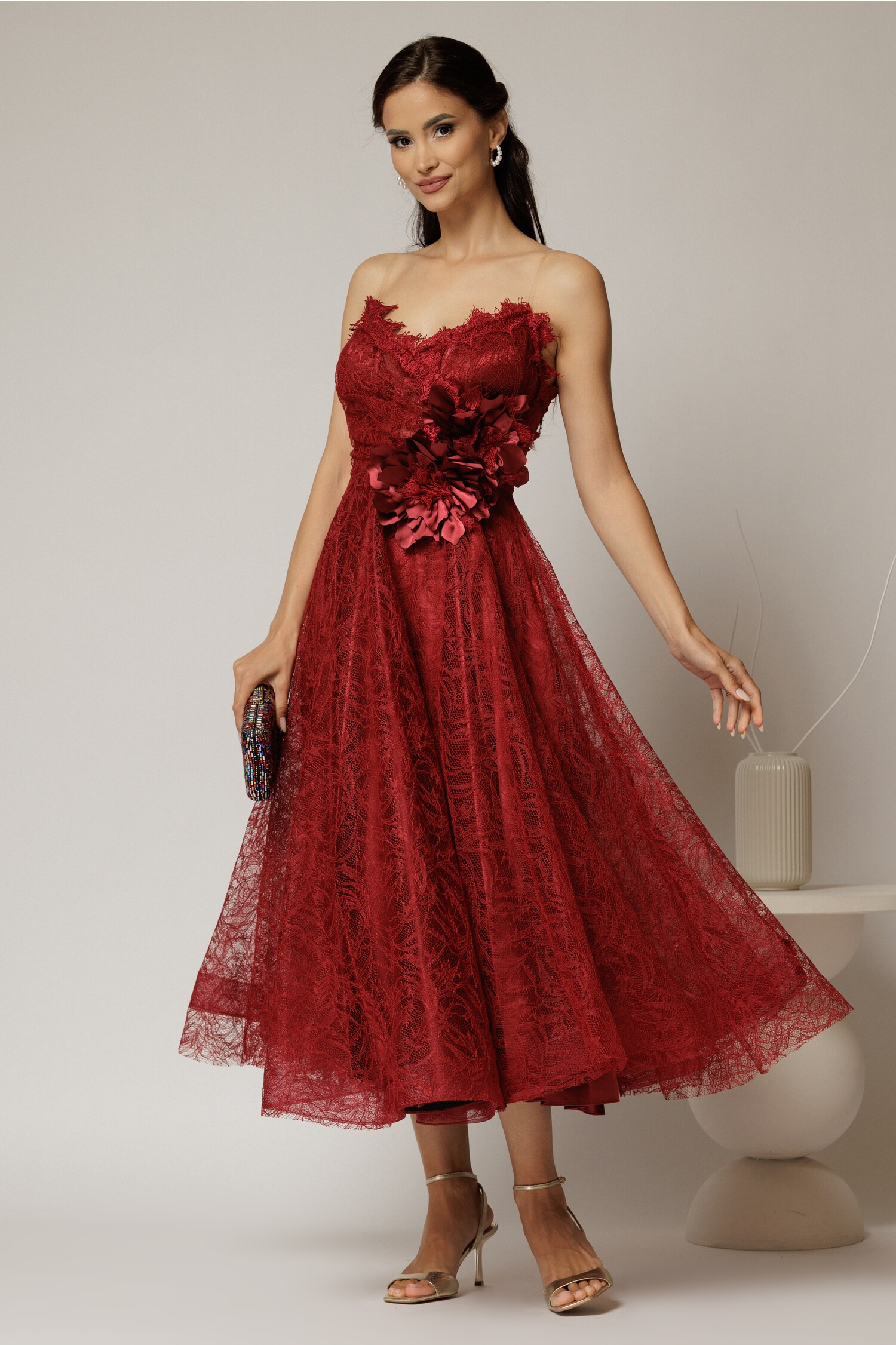 Rochie Midi Bordo Dantela cu Brose Detasabile