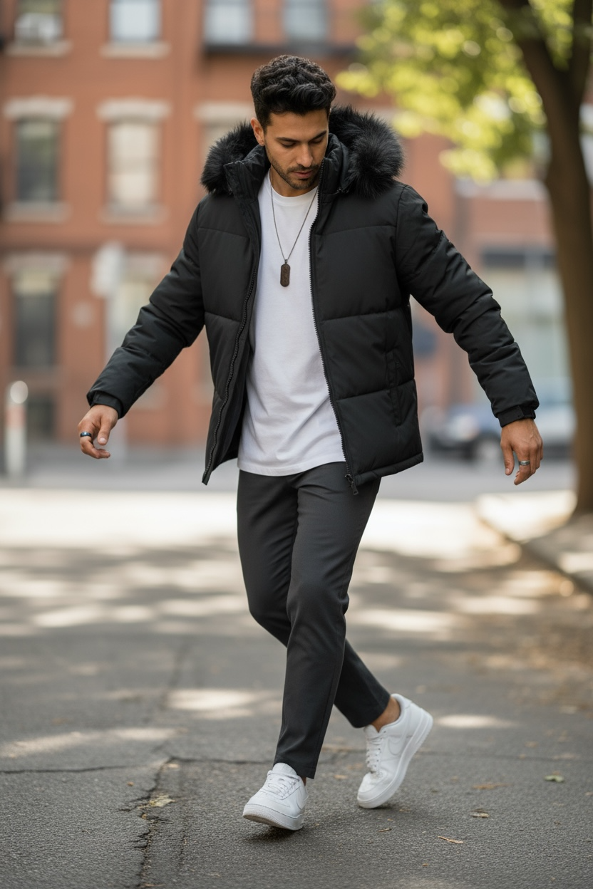 Geacă Iarnă Bărbați Imblănită Neagră