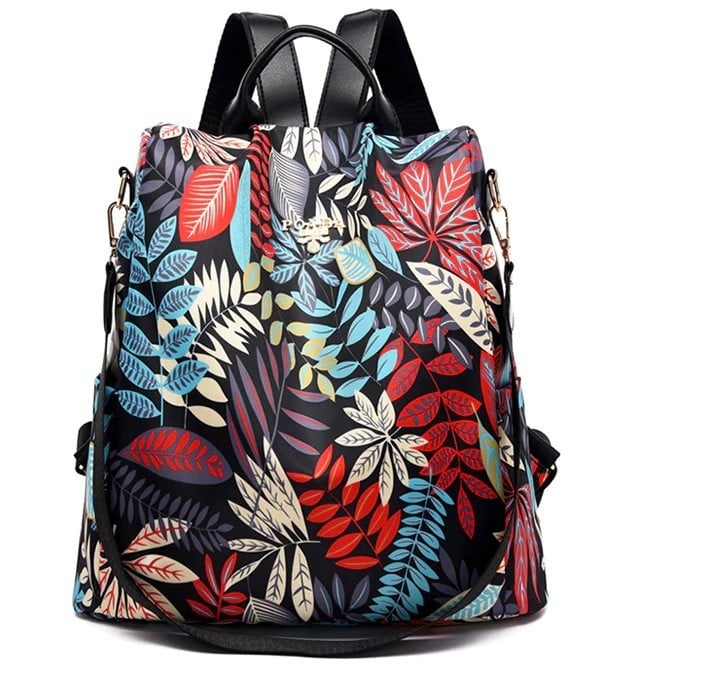 Rucsac dama Disu GT515 antifurt, negru cu frunze