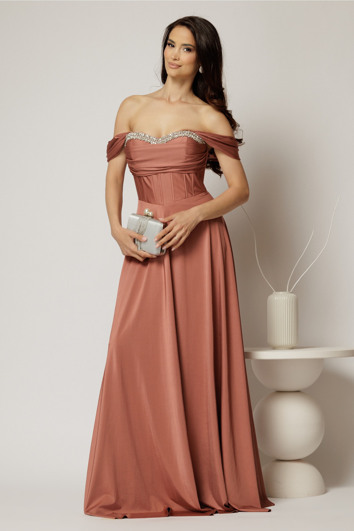 Rochie lungă roz coniac de seară cu corset
