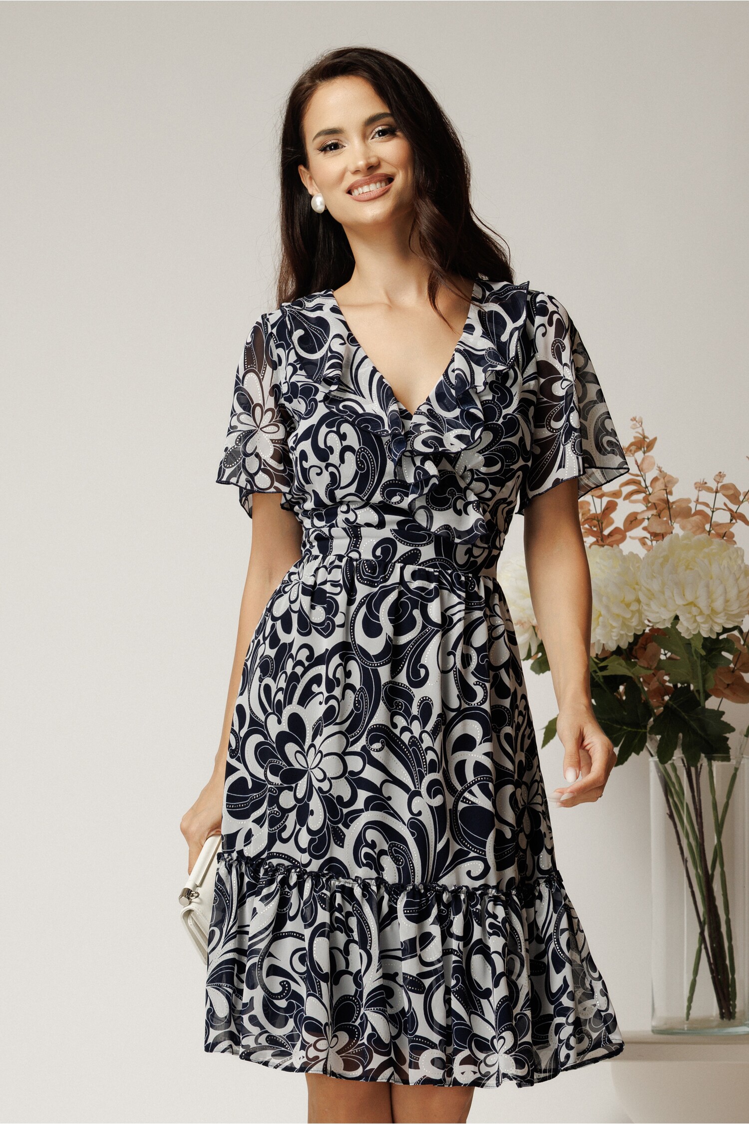 Rochie Midi Voal cu Imprimeu Bleumarin - Elegantă
