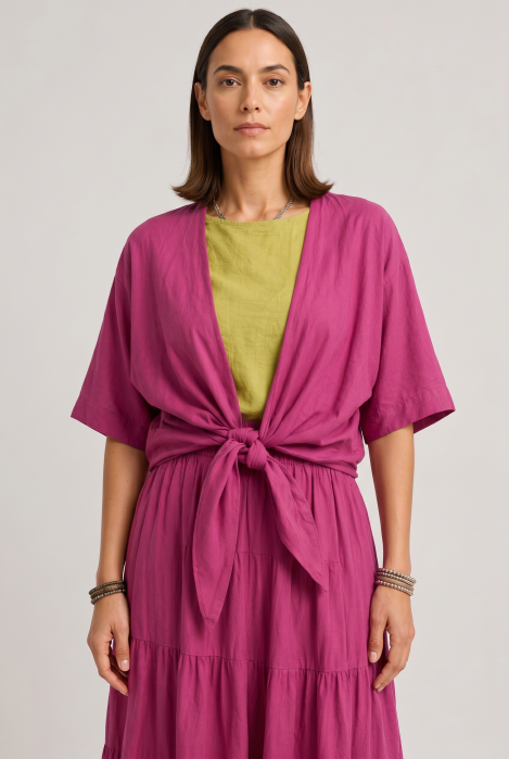 Blazer tip kimono din bumbac fin cu inchidere prin innodare, magenta