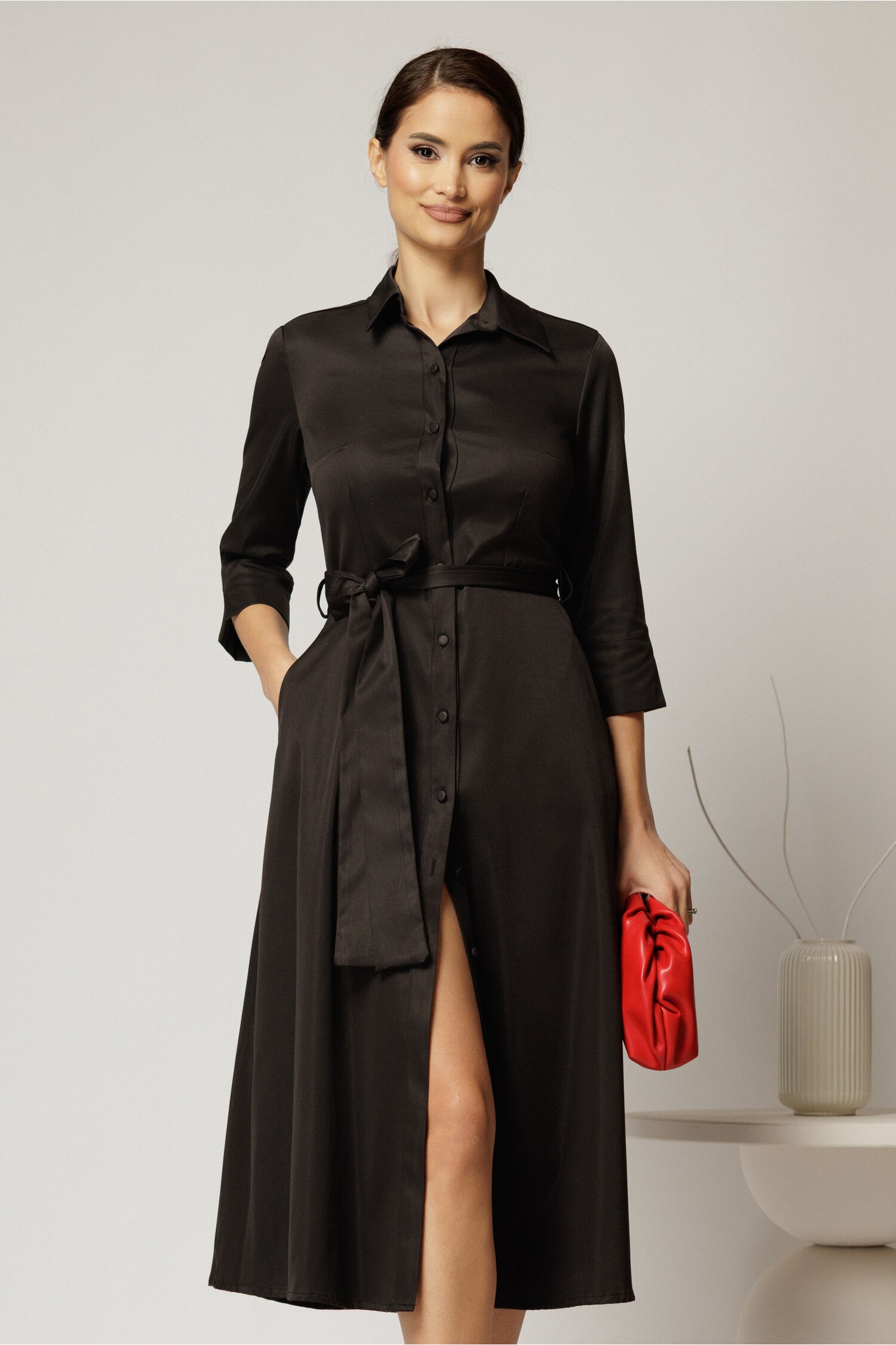 Rochie Midi Neagră Tip Cămașă cu Cordon | Elegantă și Confortabilă