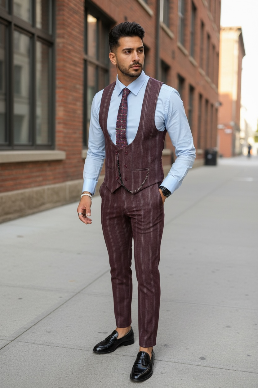 Compleu Barbati Vesta + Pantaloni Grena Elegant - imagine 2